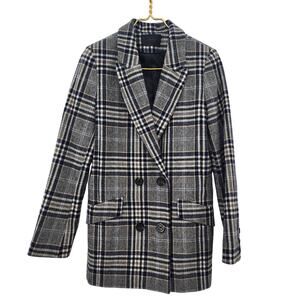 Ikks Women's Plaid Double-Breasted‎ Blazer Wool Size XS Oversized